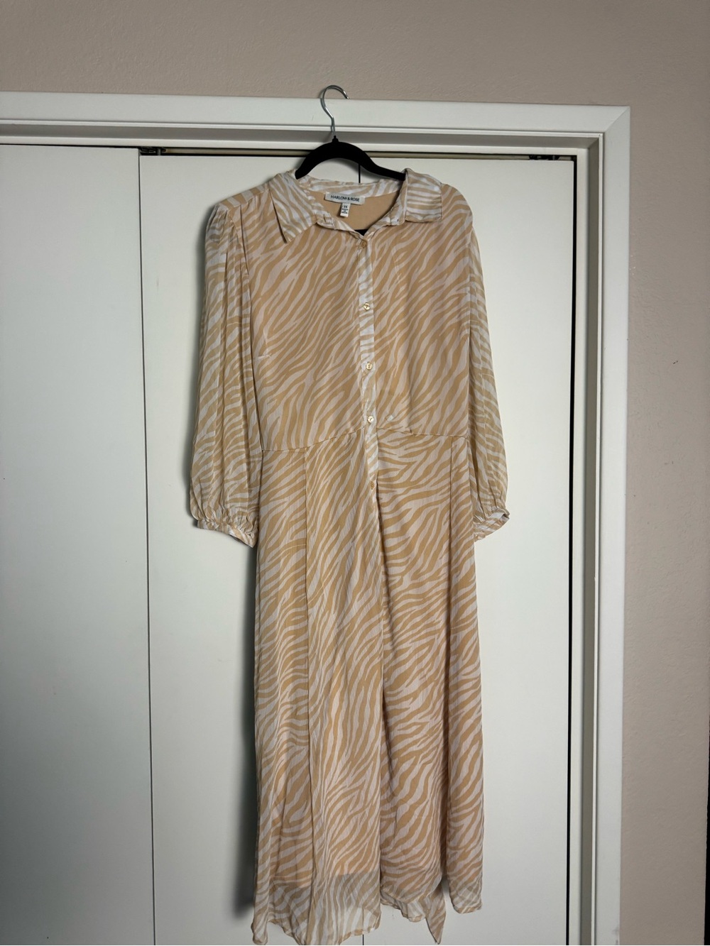 Beige Zebra-Print Button-Front Maxi Dress